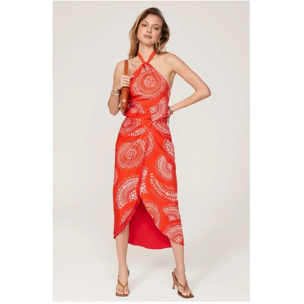 Andres Otalora Dress Womens 2 Red Orange Selva Mandala Halter Midi Sarong Resort - Picture 5 of 11